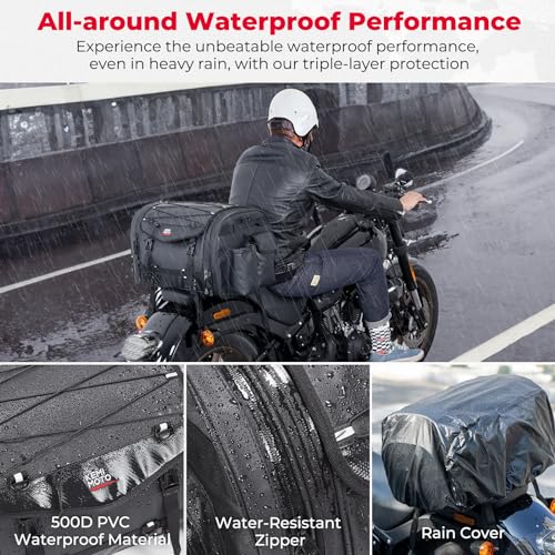 KEMIMOTO Motorcycle Travel Luggage Bags, 60L Expandable Large Capacity Motorcycle Tail Bag, Waterproof Rear Rack Trunk