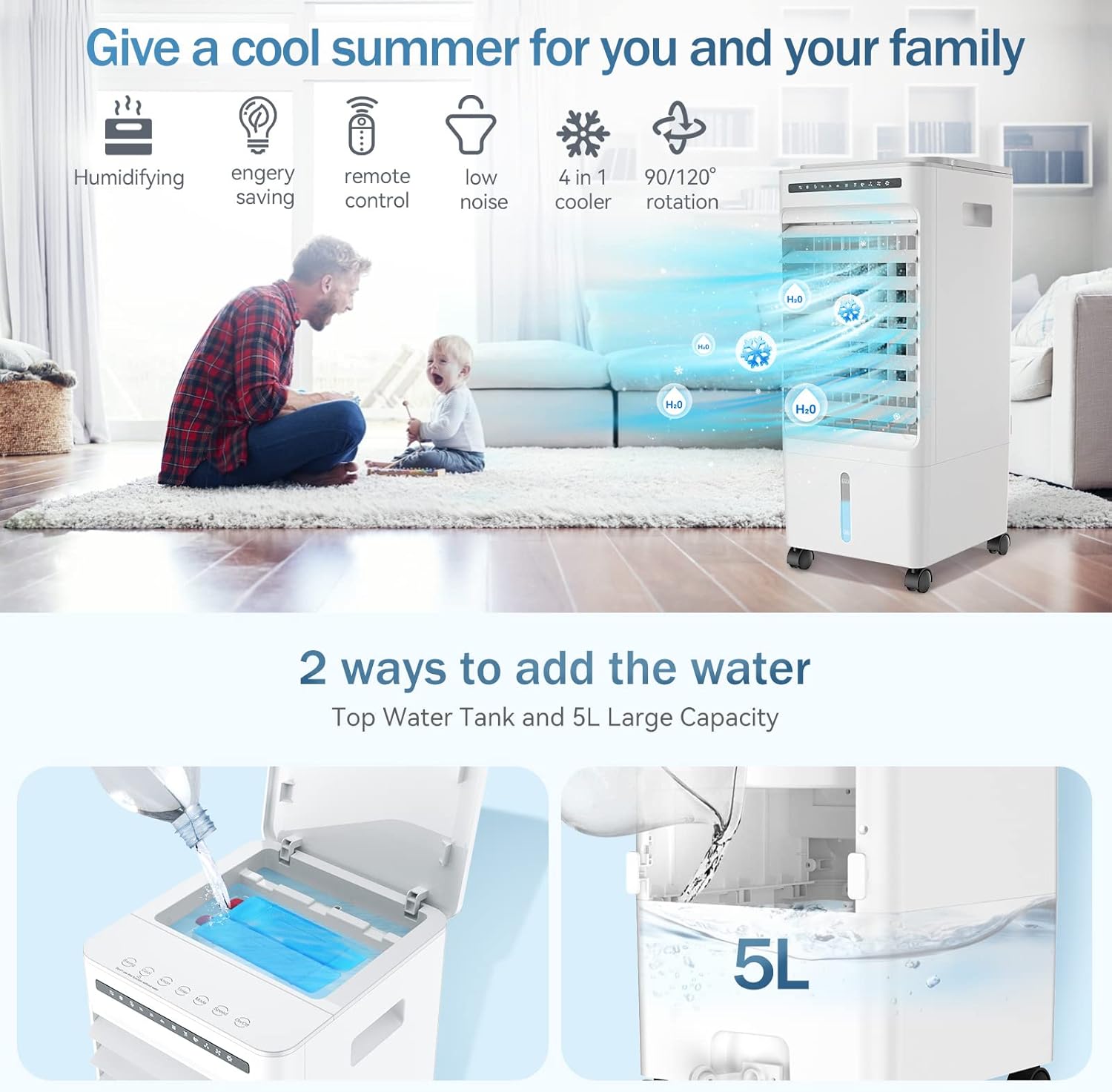 Portable Air Conditioner, Bigalter 4-in-1 Air Cooler/Portable Air Conditioners Fan, 5L Evaporative Air Cooler with 3 Modes &3 Speeds, 90° Oscillation