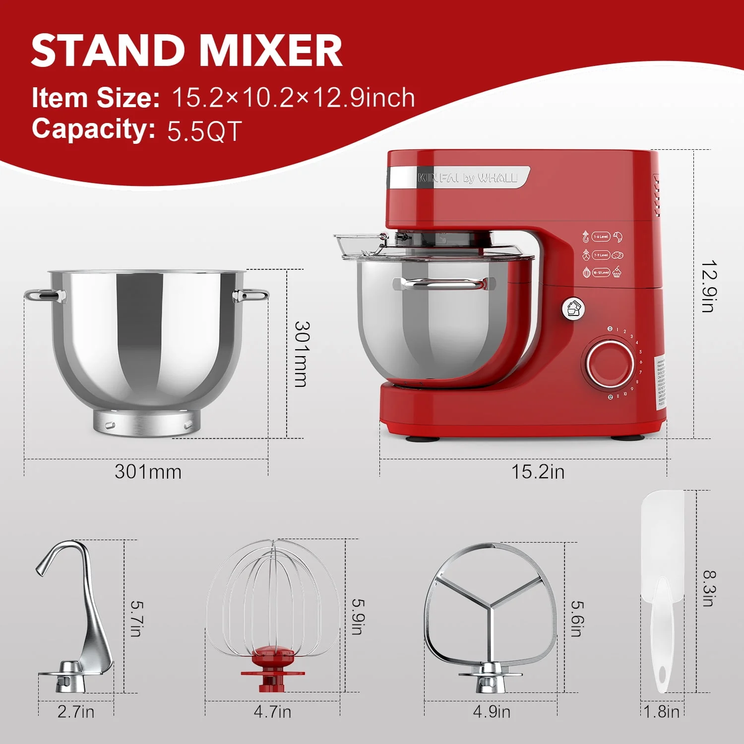 WHALL® Stand Mixer - 5.5Qt 12-Speed Tilt-Head Electric Kitchen Mixer with Dough Hook/Wire Whip/Beater, Stainless Steel Bowl (Blue)