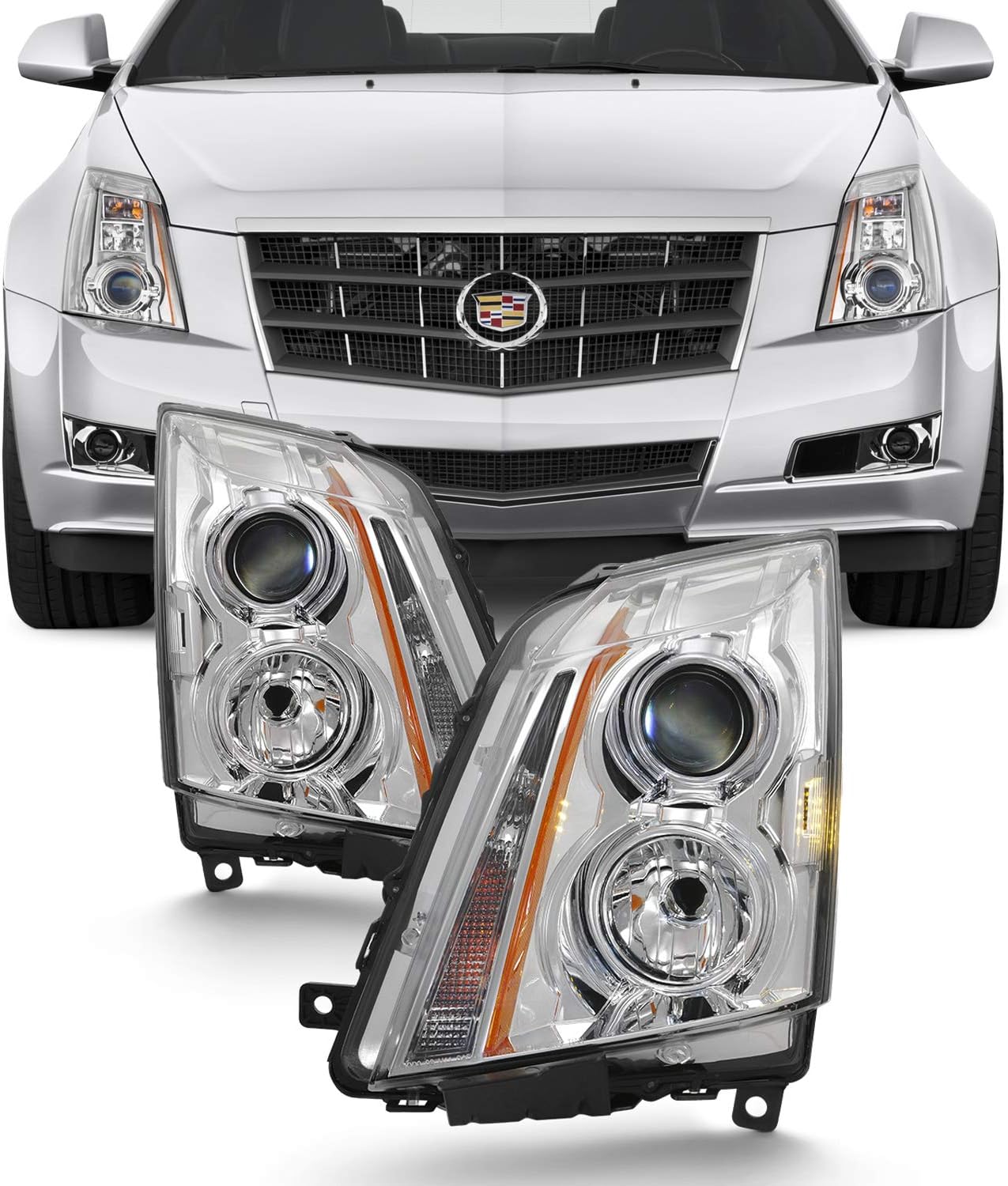 AKKON - For 2008-2014 Cadillac CTS Projector Headlight Assembly Chrome Housing Clear Lens Full Set