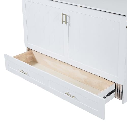 Harper & Bright Designs Queen Size Murphy Wall Bed, Chest Cube Cabinet With USB, Charging Station and Large Storage Drawer for Home Office