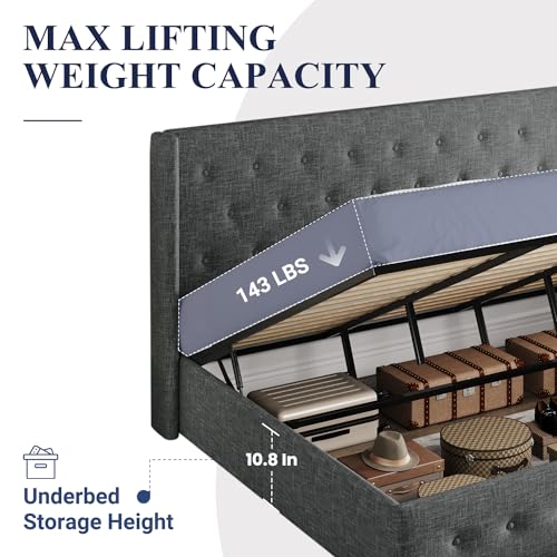 Allewie Full Size Lift Up Storage Bed, Modern Wingback Headboard, Hydraulic Support, No Box Spring Needed, Light Beige