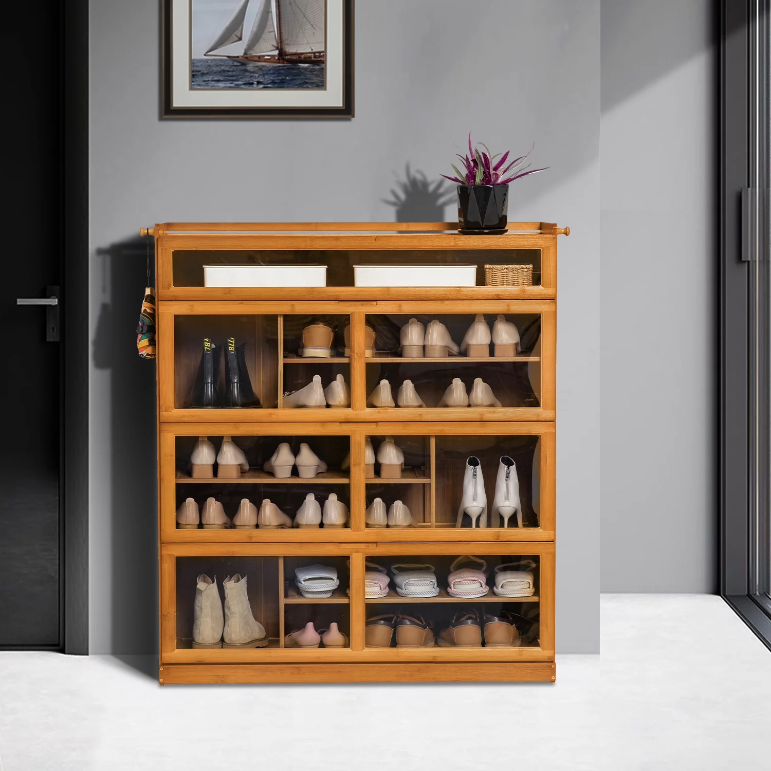 MoNiBloom Bamboo 7 Tiers 33 Pairs Shoes Cabinet, Pull-Down Acrylic Door, Brown, for Entryway