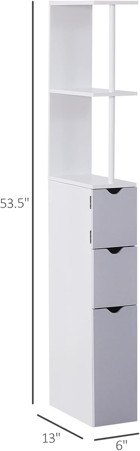 HOMCOM 54 Tall Bathroom Storage Cabinet, Freestanding Linen Tower with 2-Tier Shelf and Drawers, Narrow Side Floor Organizer, Grey and White