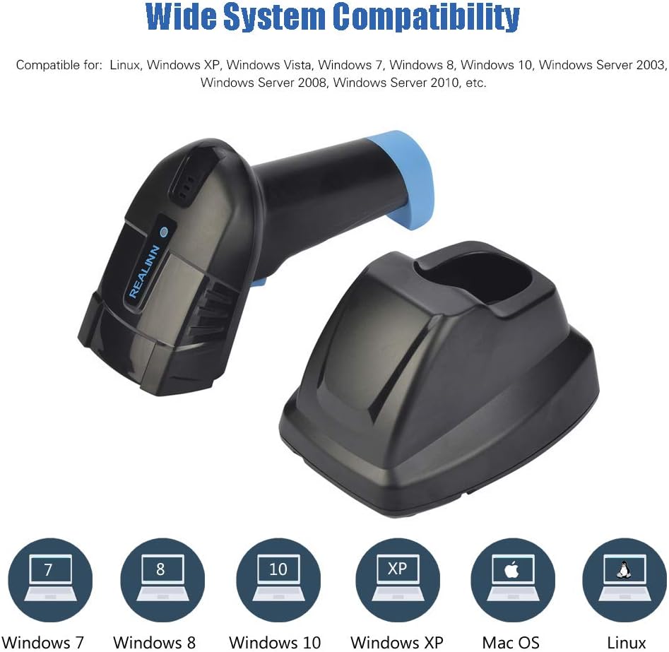 REALINN Cordless Barcode Scanner 2D QR Code Bar Code Reader with USB Cradle 328ft Transmission Distance CMOS Imager Data Matrix PDF417 UPC Scanners
