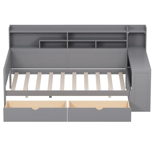 Bellemave Twin Corner Bed Frame with Storage Shelves and Desk, Wood Twin Size Daybed with Bookcase and Drawers and Storage, Gray