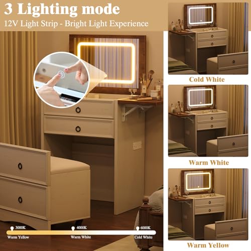 3-in-1 Vanity Set with LED Lighted Flip Top Mirror, Makeup Table with Fold-Up Panel, Hidden Stool, Charging Station
