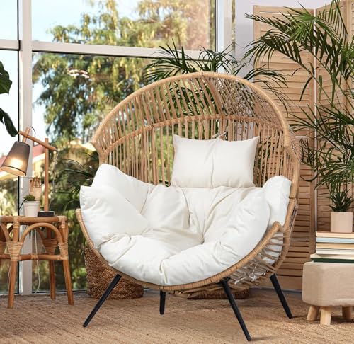 JAMFLY Egg Chair Wicker Outdoor Chairs, Oversized Patio Chair Oversized Lounger Chair with Cushion for Indoor Living Room, Bedroom