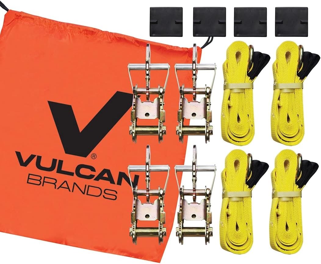 VULCAN Car Tie Down Kit - Adjustable Loop - Snap Hooks - Classic Yellow - Complete Kit Includes 4 Straps and 4 Ratchets