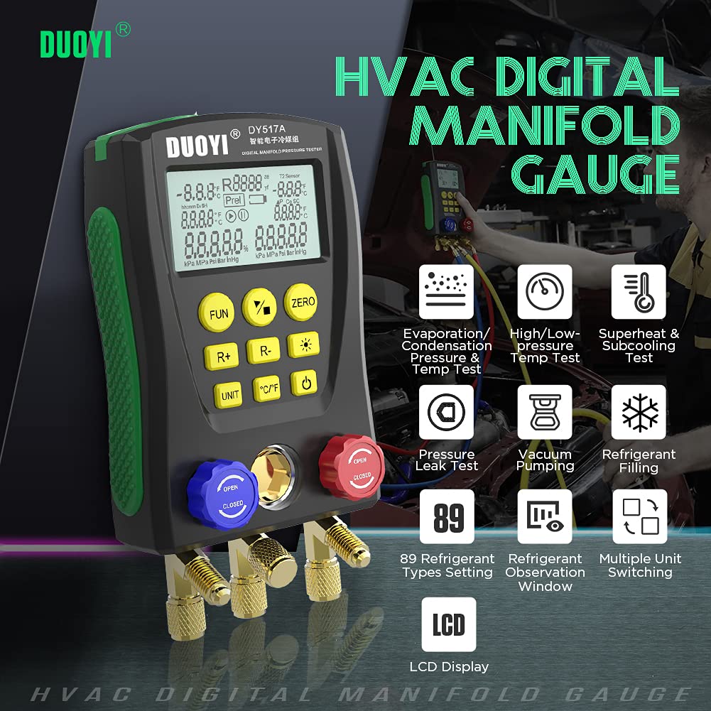 Digital Manifold Gauge Set Pressure&Temp Test HVAC Manifold Pressure Leak Test Digital Refrigerant Gauges Vacuum HVAC Gauges with Refrigerant