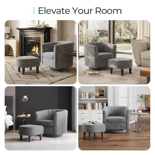 LINSY Swivel Accent Chair Ottoman Set: Velvet Small Barrel Chair with Foot Rest