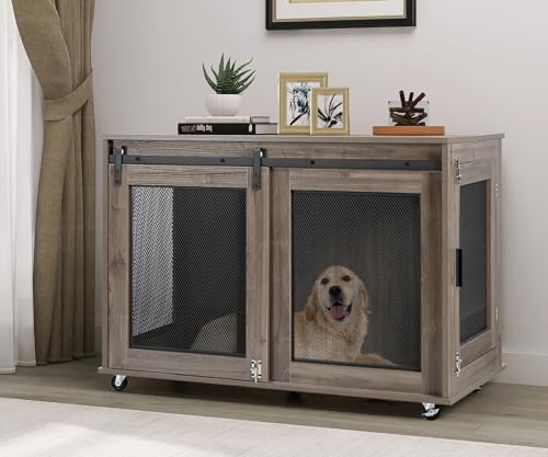LINLUX 47 Inch XL Dog Crate Furniture, Wooden Heavy Duty Dog Kennel Indoor, Decorative Dog Cage Table for Extra Large Dogs, with Sliding Doors