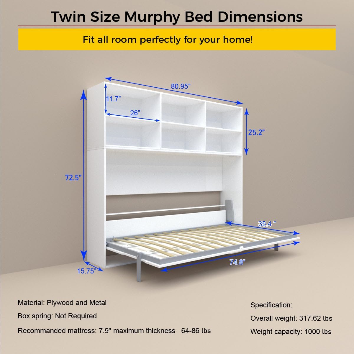 Twin Size Murphy Bed, Modern American Wall Bedframe with Six Storage Shelf, Flexible Slats Support & Space-Saving Design, Gas Struts