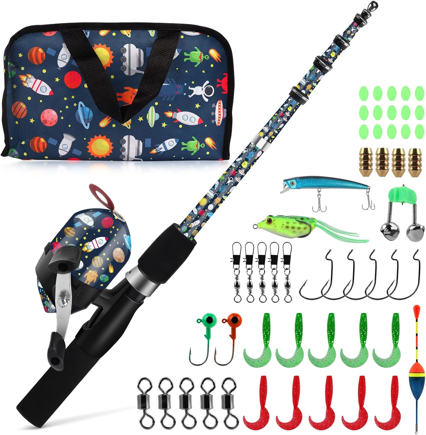 QudraKast Kids Fishing Pole, Portable Kids Fishing Rod and Reel Combo - Melding Funny Cartoon Pattern on Rod and Reel