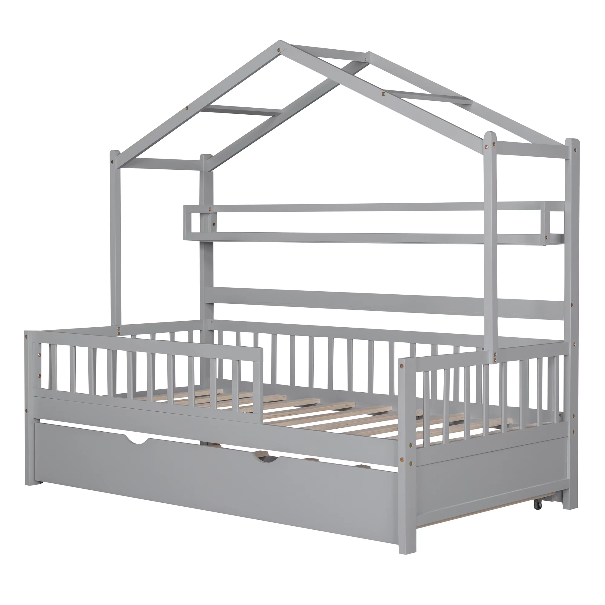 Euroco Wood Twin Size House Bed with Bookcase and Trundle for Kids, Gray