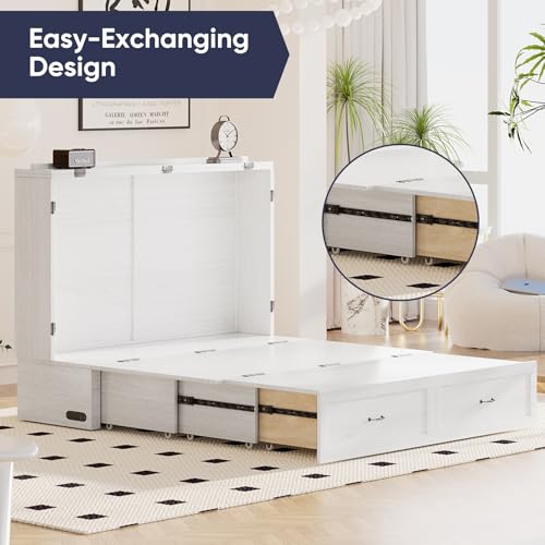 Murphy Bed, Cabinet Bed Queen Size with Tri-Folding Mattress, Hidden Guest Wall Beds, Cabinet Murphy Chest Beds with USB Charging Station
