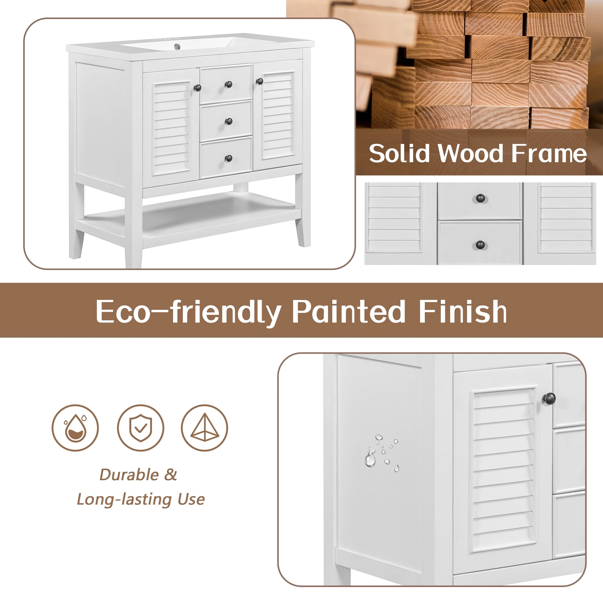 EUROCO 36" Bathroom Vanity with Ceramic Basin,Modern Freestanding Bathroom Storage Cabinet with 3 Drawers , 2 Doors and Open Shelf,Solid Wood Frame