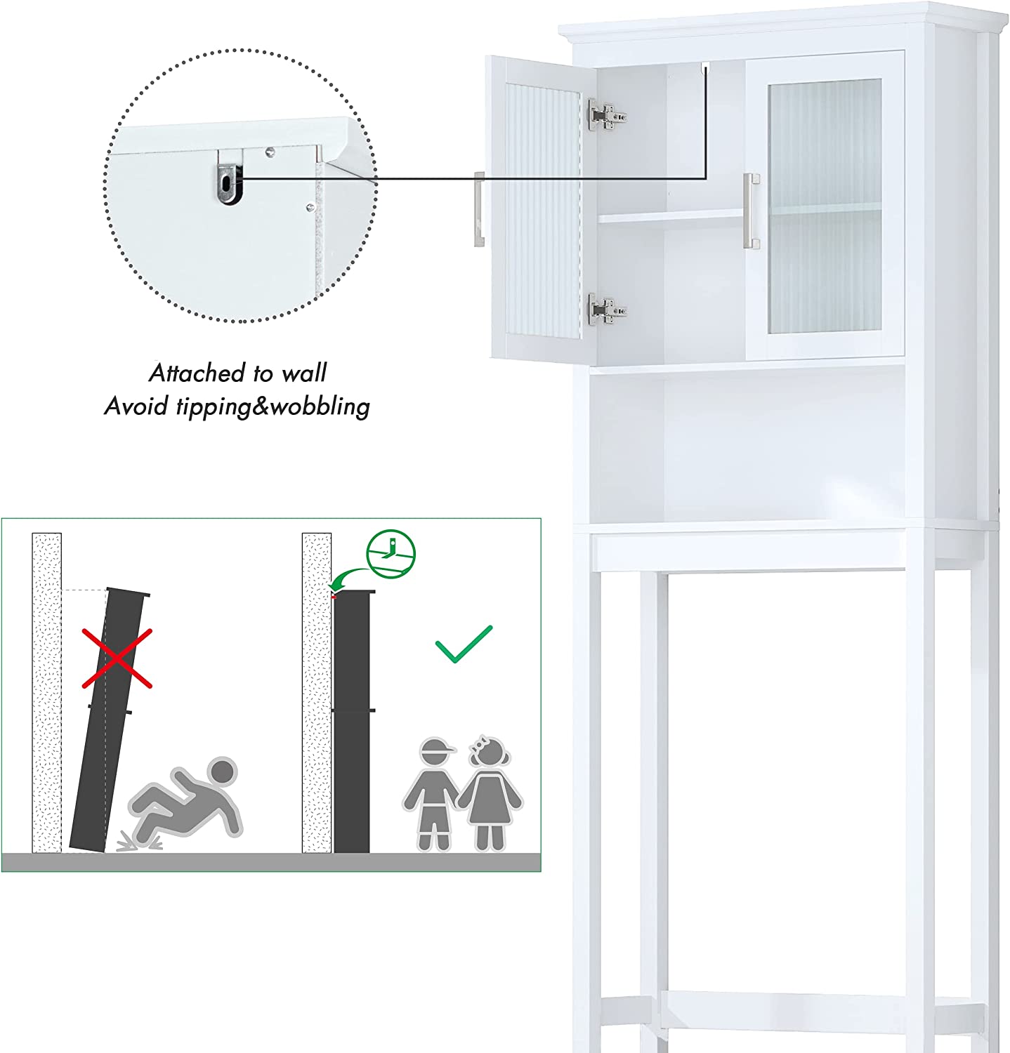 Spirich Home Bathroom Cabinet Over The Toilet, Bathroom Storage Cabinet with Windowpane Glass Doors and Adjustable Shelves