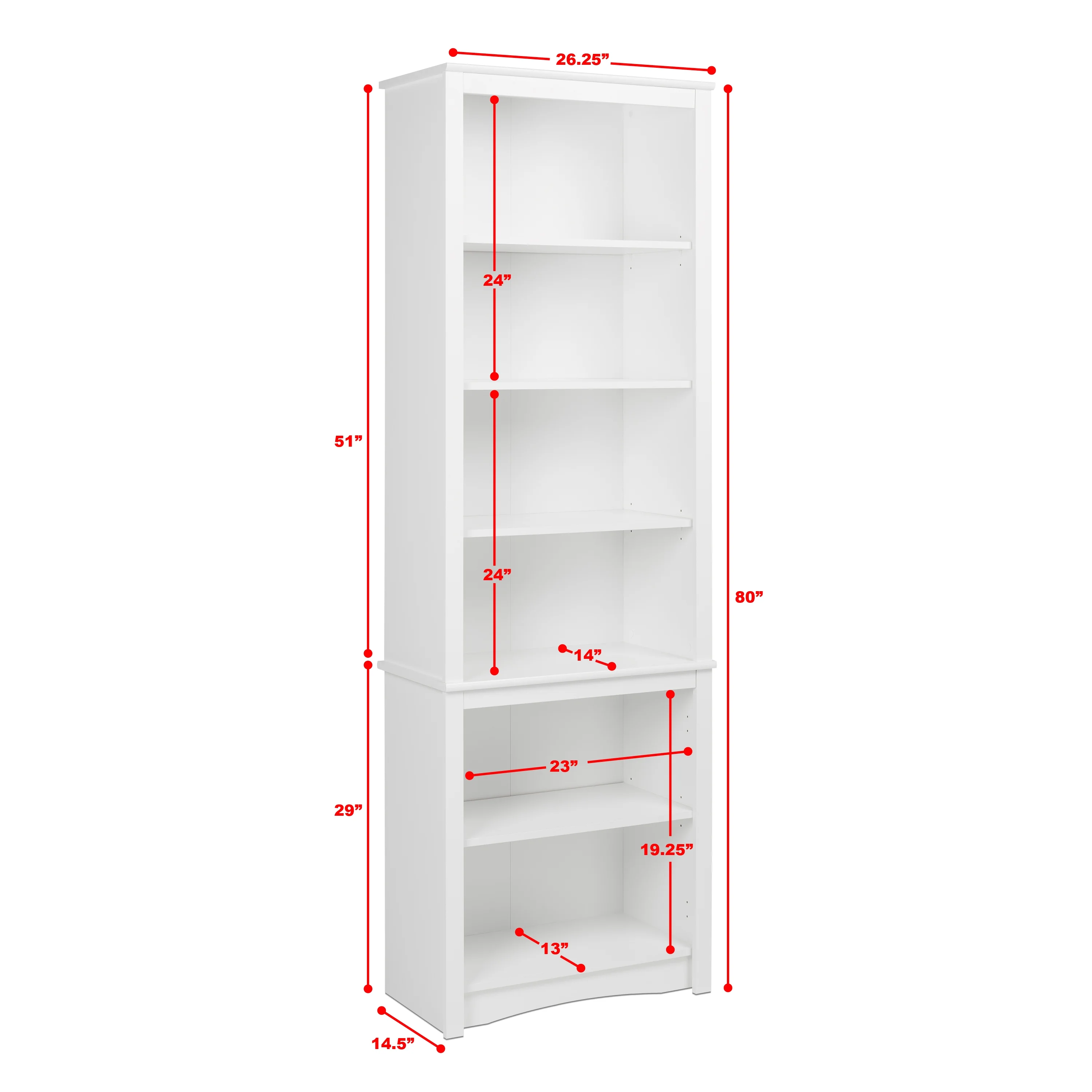 Prepac Home Office Modern 80" Tall Bookcase with Adjustable Shelves, White