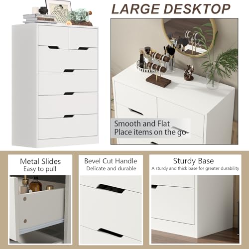 6 Drawer Dresser for Bedroom, Tall White Dresser with Large Organizer, Modern Chest of Drawers, Wooden Dresser with Deep Storage Drawer