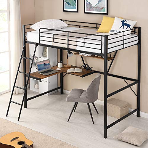 Harper & Bright Designs Full Loft Bed with Desk, Metal Loft Beds with Storage Shelves, Desk, and Wardrobe, Heavy-Duty Loft Bed Frame for Kids, Teens