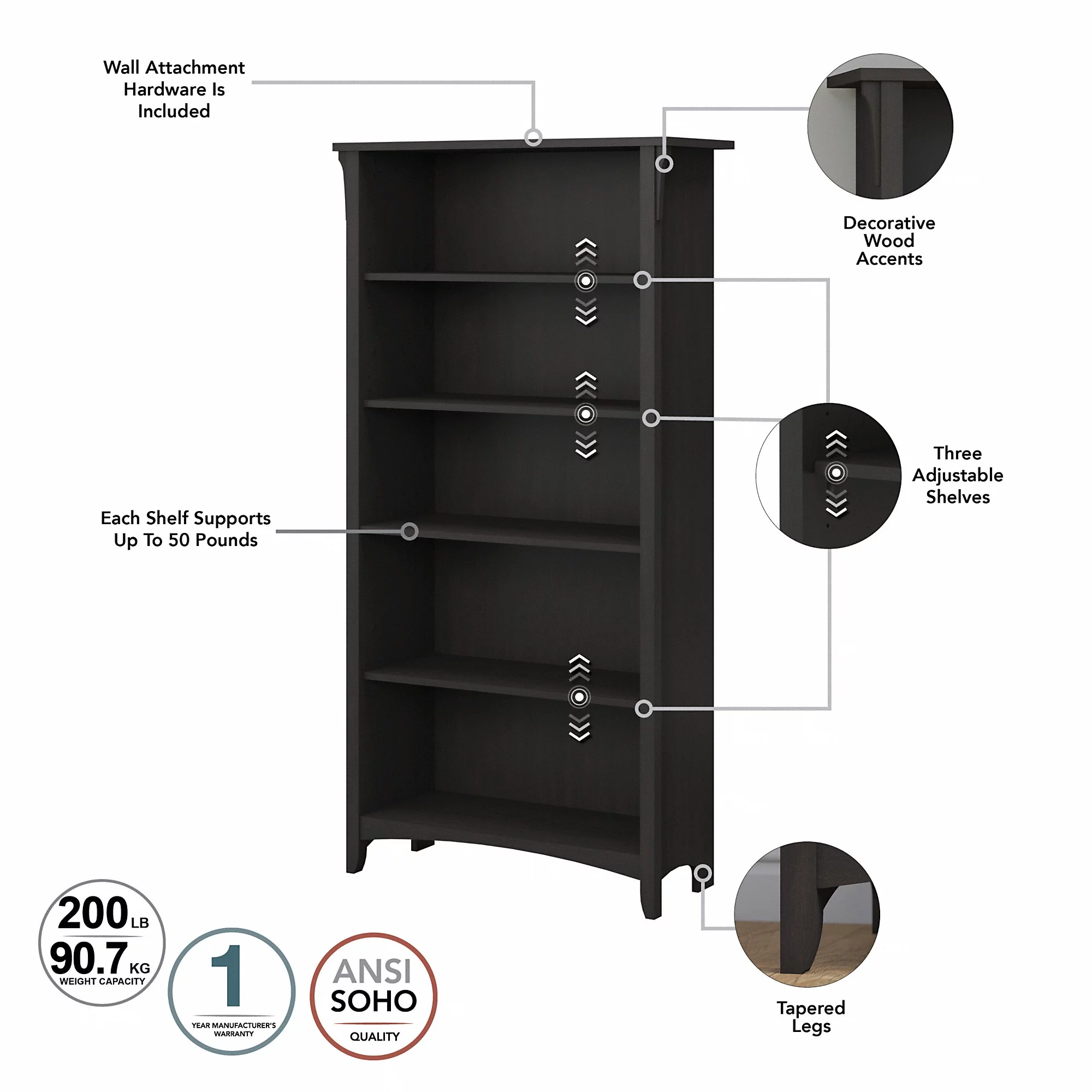 Bush Furniture Salinas Tall 5 Shelf Bookcase, Set of 2, Vintage Black