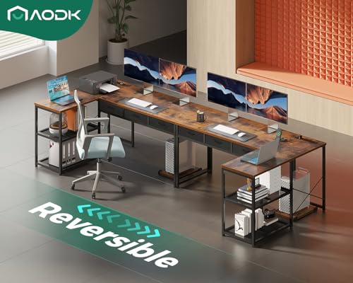 AODK 53 Inch L Shaped Computer Desk with Drawers, Corner Desk with Power Outlets & Reversible Storage Shelves
