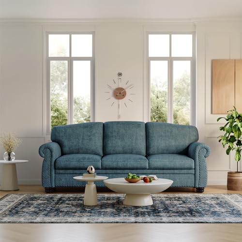 90 Inch Nailhead Trim Couch for Living Room, 23 Inch Deep Seat Rolled Arm Sofa, Comfy Upholstered 3 Seater Chenille Couch w/Wooden Leg
