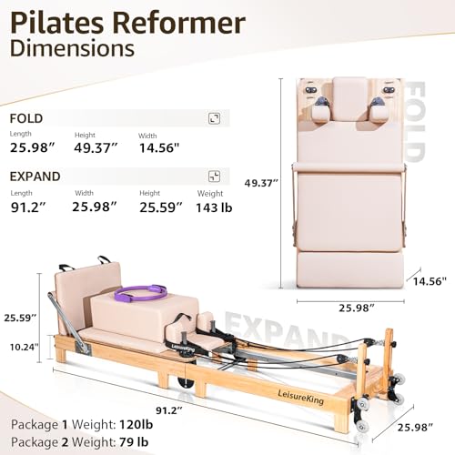 Pilates Reformer Machine, Quick-Assembly Foldable Studio Grade Pilates Equipment for Gym and Home, Oak Wood Pilates Reformer with Reformer Accessories