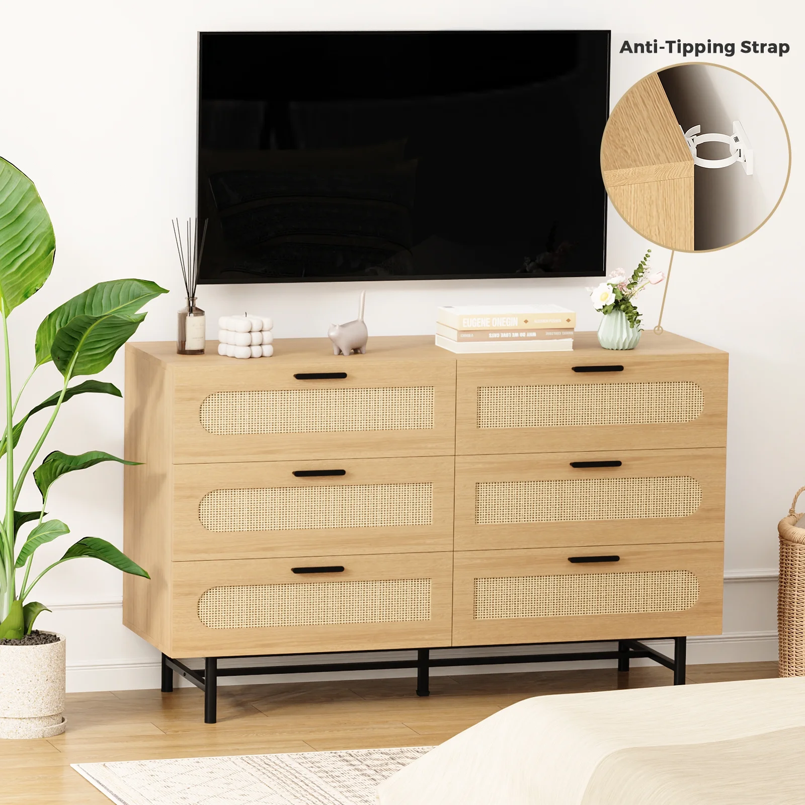REHOOPEX 6 Drawer Dresser for Bedroom, Natural Rattan Chest of Drawers, Wood Storage Dressers