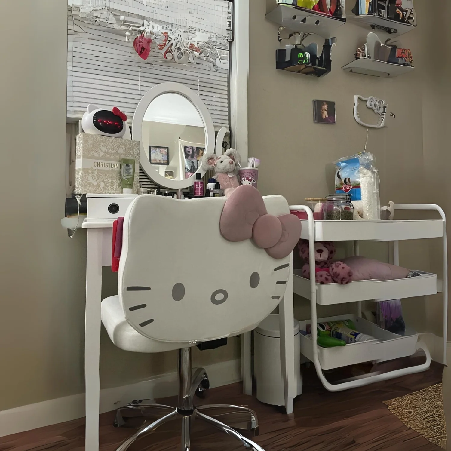 Impressions Vanity Hello Kitty Kawaii Swivel Vanity Chair for Makeup Room with Wheels Rolling Armless Chair (Pink) - Radiant Selections
