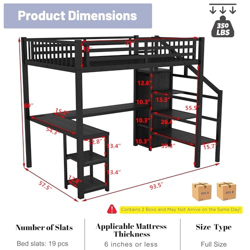 Full Size Loft Bed with Desk,Metal Heavy Duty Full Loft Bed with Stairs,Wardrobe and Shelves