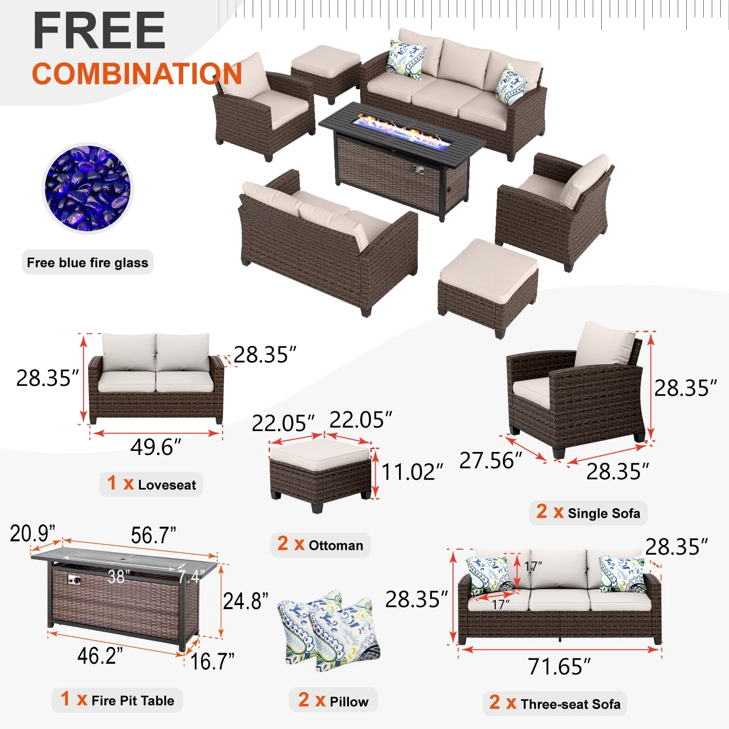 MF Studio 9-Seat Outdoor Patio Furniture Set with Fire Pit Table Wicker Patio Conversation Set Beige
