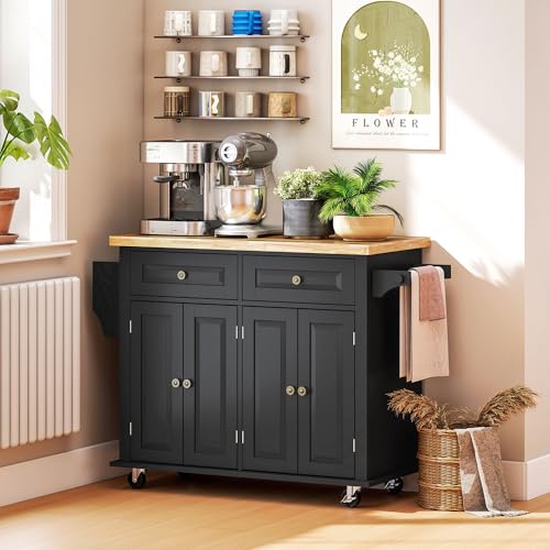 HOMCOM Kitchen Island on Wheels, Rolling Cart with Rubberwood Top, Spice Rack, Towel Rack and Drawers for Dining Room, Navy Blue