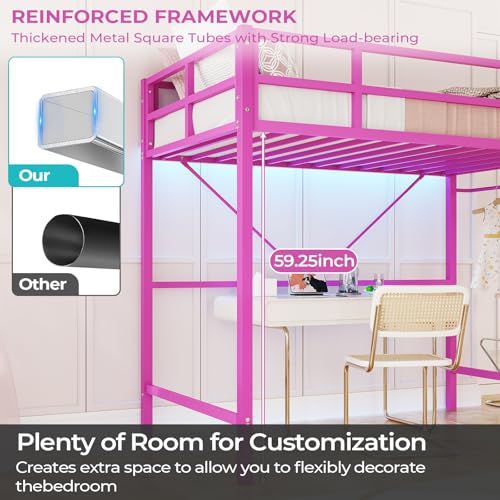 DICTAC Loft Bed Twin Size with Ladder and Guardrail,Metal Twin Loft Bed with Led Lights,Small Space Saving Furniture Design for Bedroom