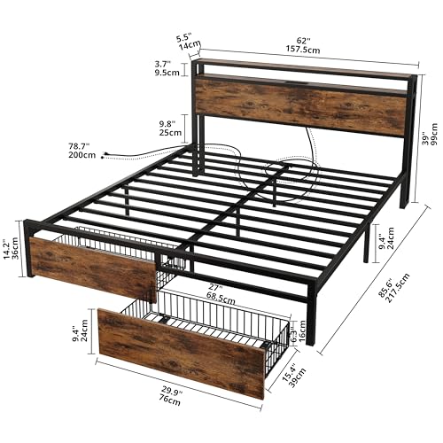 LIKIMIO King Bed Frame with Storage Headboard, Platform Bed with Drawers and Charging Station, No Box Spring Needed, Easy Assembly, Vintage Brown