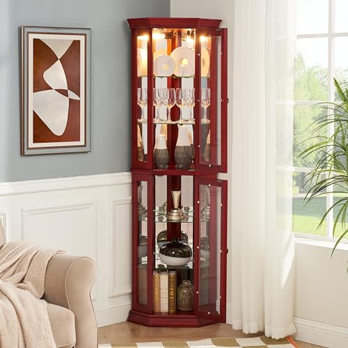 Corner Curio Cabinet Lighted Display 69.59 inch with Glass Doors & 4 Adjustable Glass Shelves & Classical Metal Handles - Perfect for Collectibles