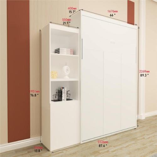 Queen Size Murphy Bed Wall Cabinet with 2 Wardrobe and Storage Shelf, Wooden Murphy Cube Wall Bed
