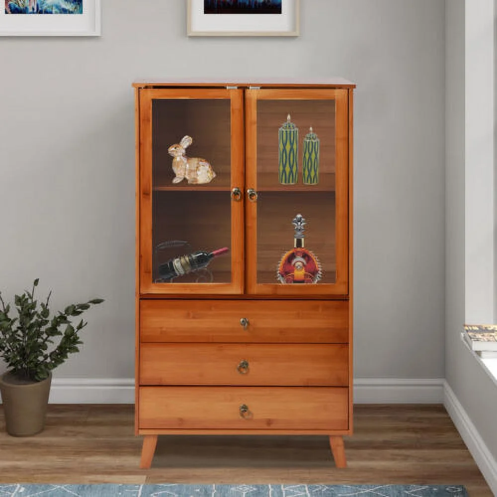 Wooden Storage Pantry Cupboard with 3 Drawers, Cabinets & 2 Acrylic Doors Brown