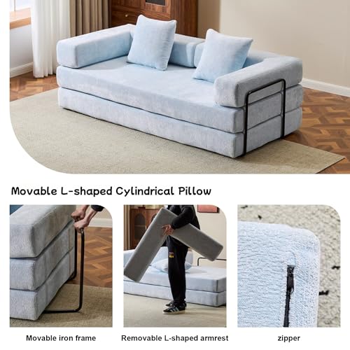 Convertible Floor Sofa Bed, Foldable Mattress Cloud Couch with Pillow Back & Armrest, Chenille Sleeper Sofa Bed with Fixed-Shape Frame