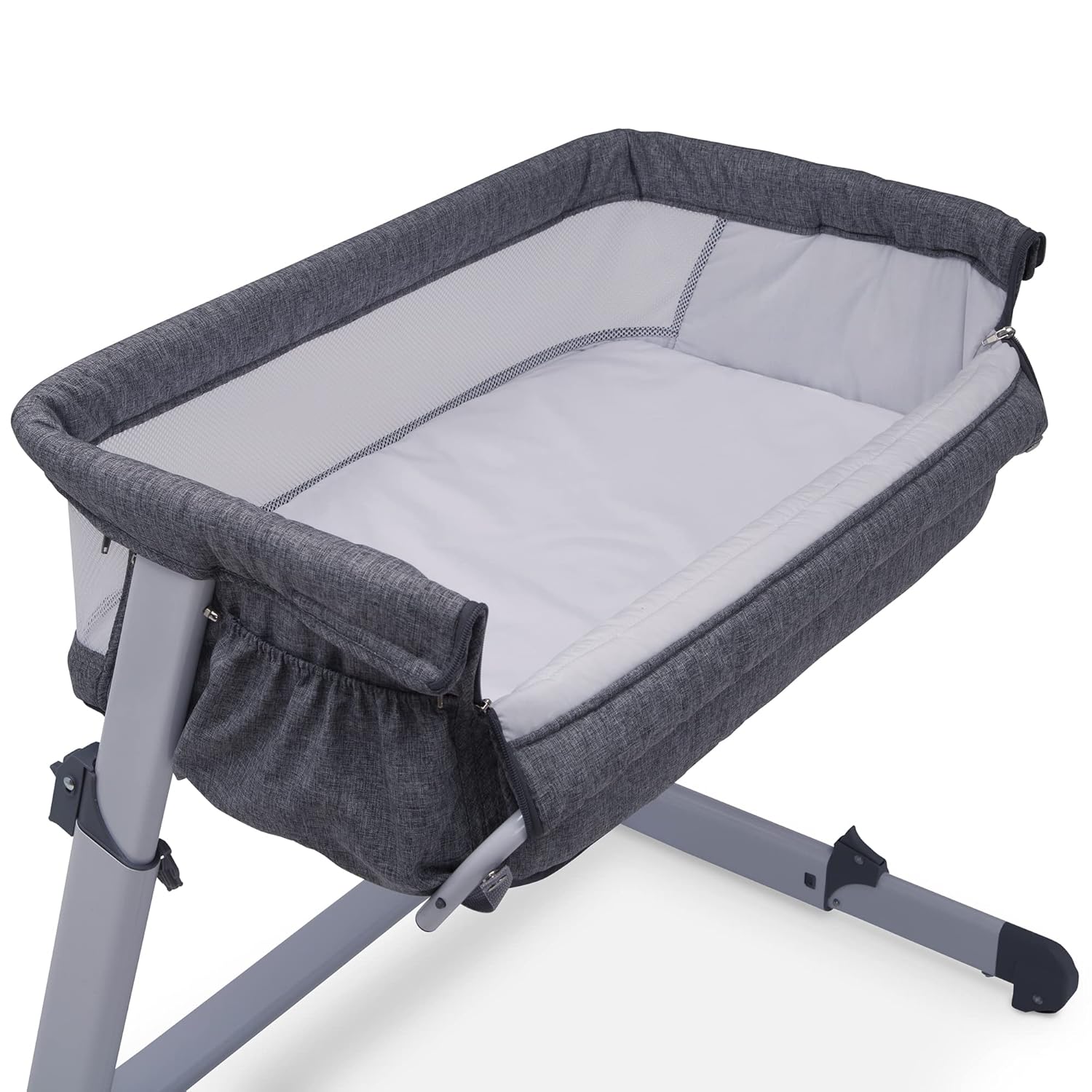 Delta Children Simmons Kids Dream Bedside Bassinet with Zip-Down Side Wall – Convenient Baby Sleeper with Breathable Mesh and Adjustable Heights