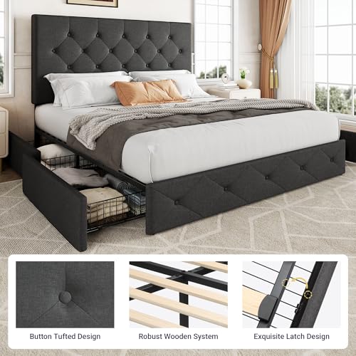 Allewie Upholstered Queen Size Platform Bed Frame with 4 Storage Drawers and Headboard, Square Stitched Button Tufted