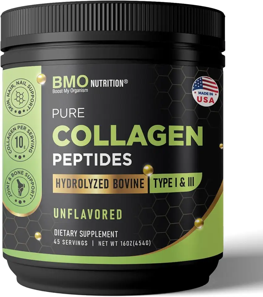 Pure Collagen Peptides Powder, Sourced from USA Cattle, Type 1&3, 45 Servings(1-lb), 10 Gr/Serving, All Natural Hair, Skin, Nail, and Joint Support