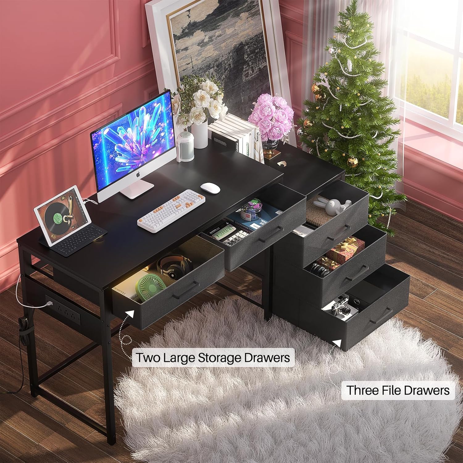 Computer Desk with 5 Drawers, Reversible Office Desk with Power Outlets and USB Charging Ports