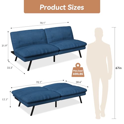 71" Convertible Futon Sofa,Faux Leather Futon Couch Bed,Sleeper Sofa Bed,Memory Foam Modern Folding Small Loveseat for Living Room,Office,Apartment