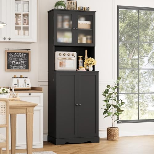 HOSTACK 71'' Pantry Cabinet, Tall Storage Cabinet with Microwave Stand, Freestanding Kitchen Hutch with Doors and Adjustable Shelves