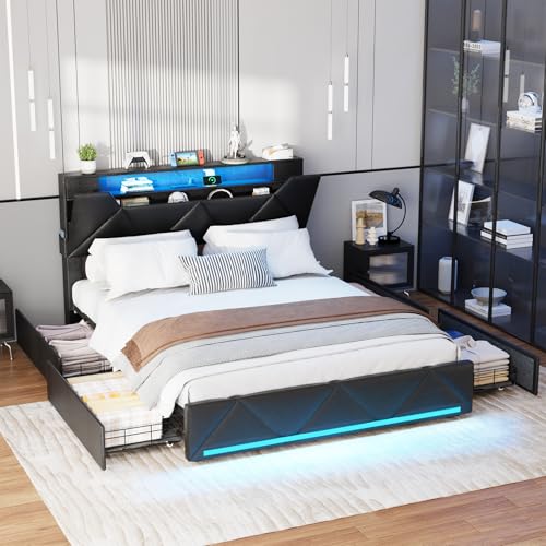 Vabches Queen Bed Frame with Storage Headboard and 4 Drawers,Upholstered Platform with Charging Station and Led Lights,Adjustable Headboard