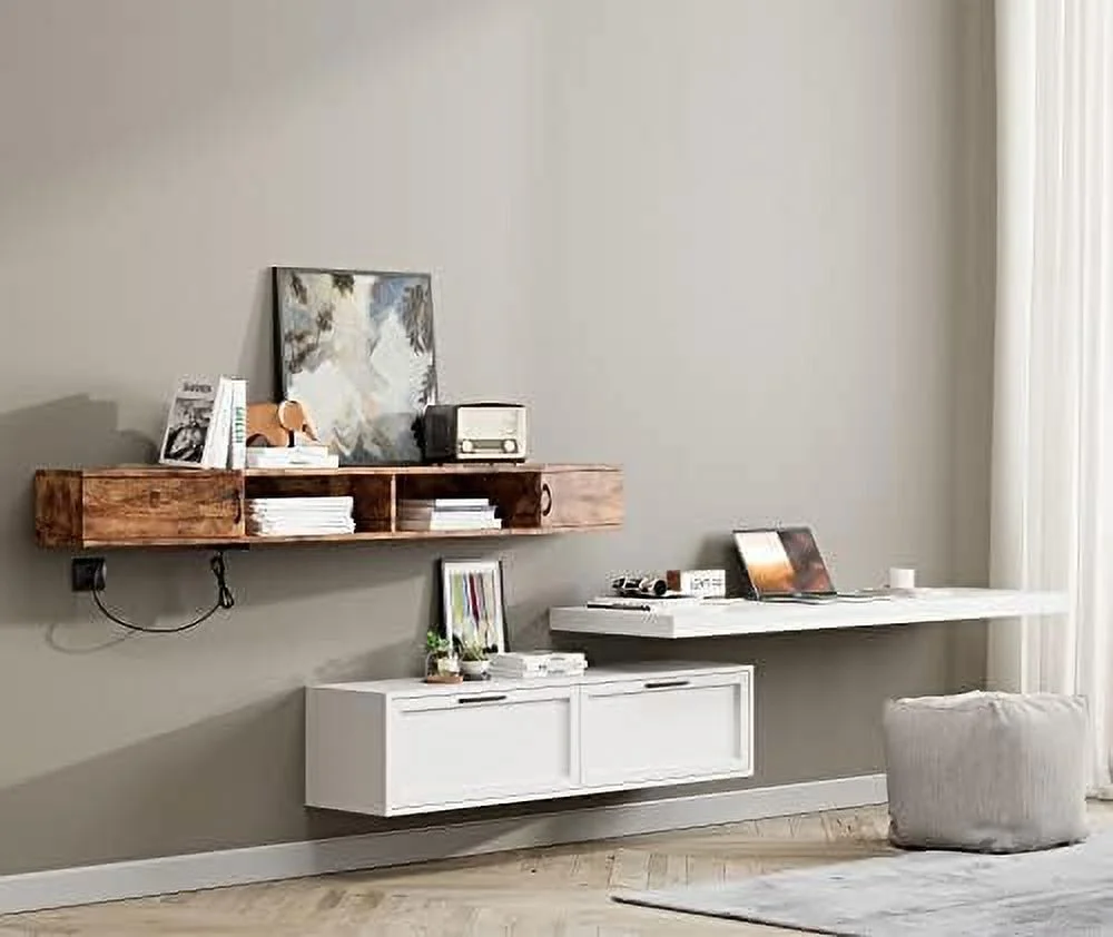 HJZUINIUNIU Audio Video Shelving Wall Mounted Floating TV Stand Wood TV Media Console Floating Entertainment Center Desk with  TV  Console for Living