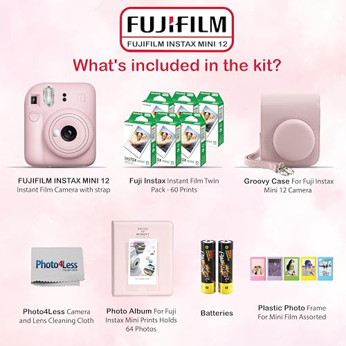 Fujifilm Instax Mini 12 Instant Camera Bundle with Fujifilm Instax Mini Instant Film Value Pack (60 Sheets) with Accessories Including Protective