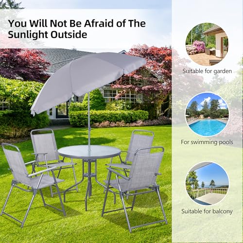 Vongrasig 6 Piece Folding Patio Dining Set,Small Metal Outdoor Garden Patio Table and Chair Set w/Umbrella for Lawn,Deck,Backyard,Black